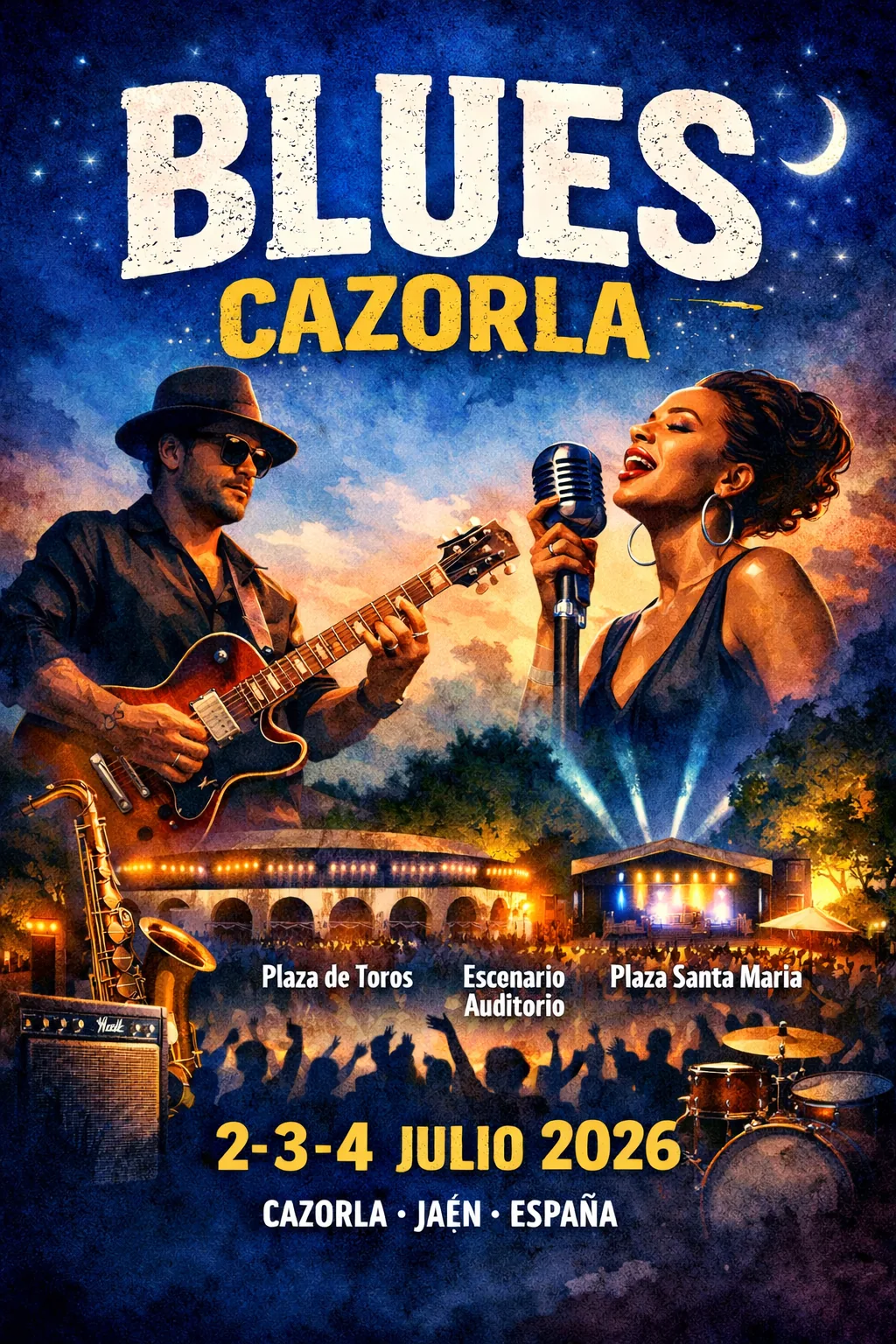 Cartel ilustrado del BluesCazorla (2–3–4 julio 2026)