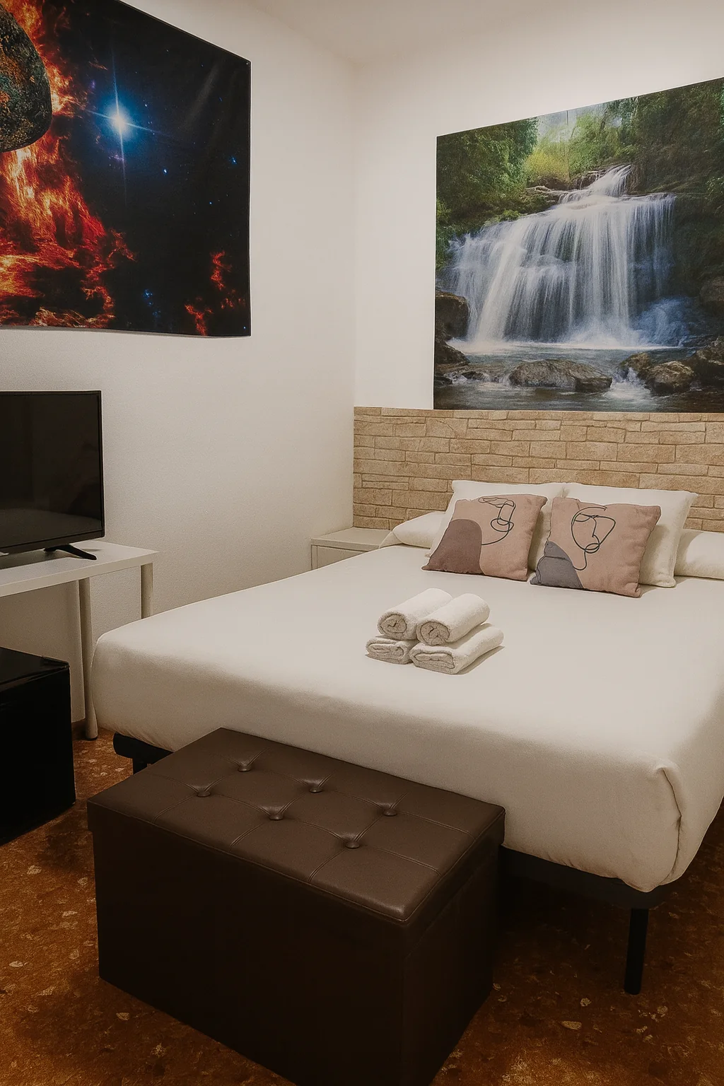 Vertical view of room with bed, TV and themed wall images