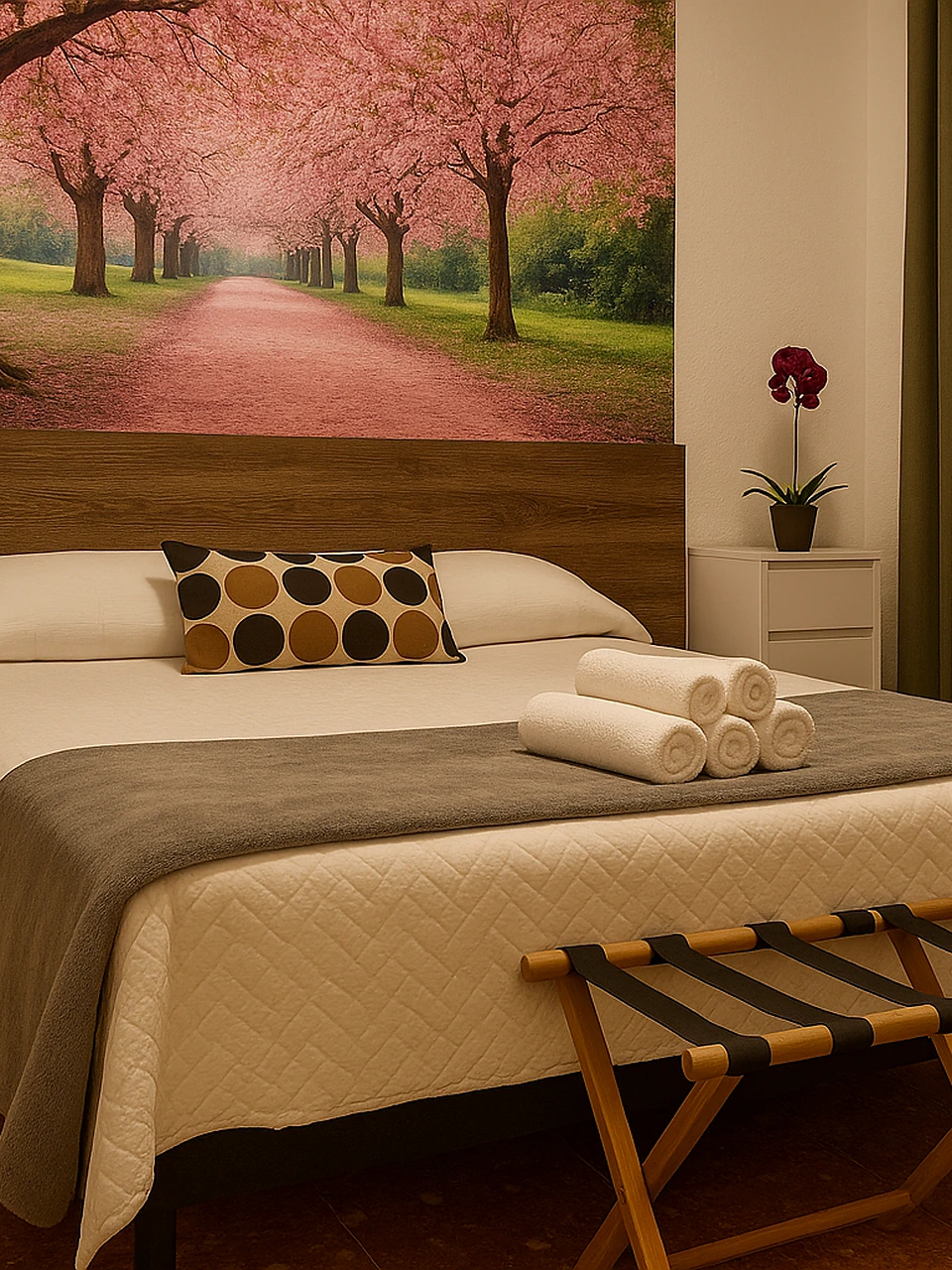 Habitación doble del Hotel Al-Ándalus Peal, preparada con cama de matrimonio y toallas